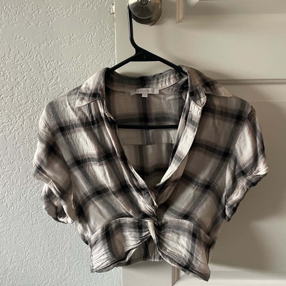 Olivaceous Black and White Plaid Button Down Crop Top Shirt